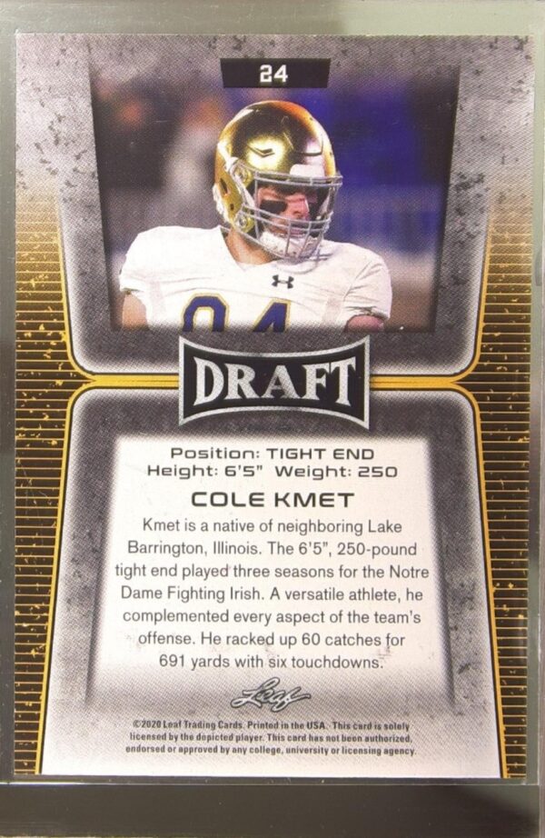 2020 Leaf Draft Cole Kmet Red RC #24 Irish - Image 3