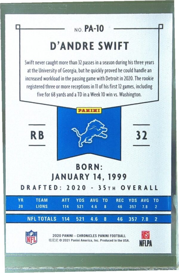 2020 Panini Chronicles D'Andre Swift RC #PA-10 Lions Panini - Image 3