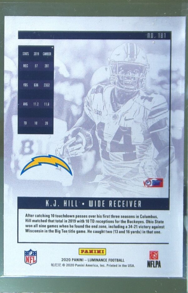 2020 Panini Luminance K.J. Hill Orange /50 RC #181 Chargers - Image 3