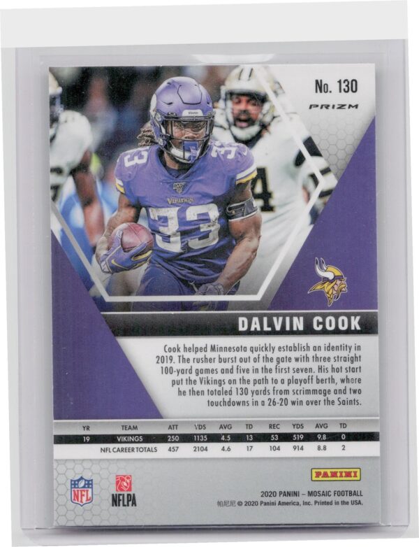 2020 Panini Mosaic Dalvin Cook Prizm Reactive Orange #130 Vikings - Image 3