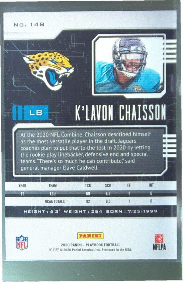 2020 Panini Playbook K'Lavon Chaisson RC RC #148 Jaguars - Image 3