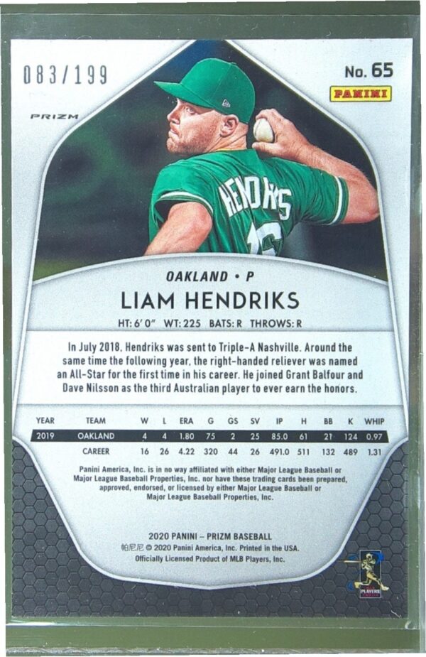 2020 Prizm Liam Hendriks Blue Donut Circles Prizm /199 #65 Athletics - Image 3