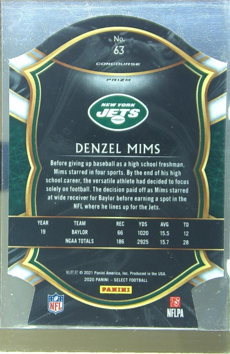 2020 Select Denzel Mims Purple Prizm Die Cut RC #63 Jets - Image 3