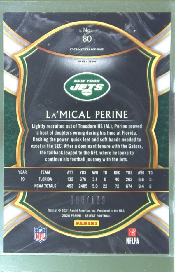 2020 Select La'Mical Perine Tri Color Prizm /199 RC #80 Jets - Image 3