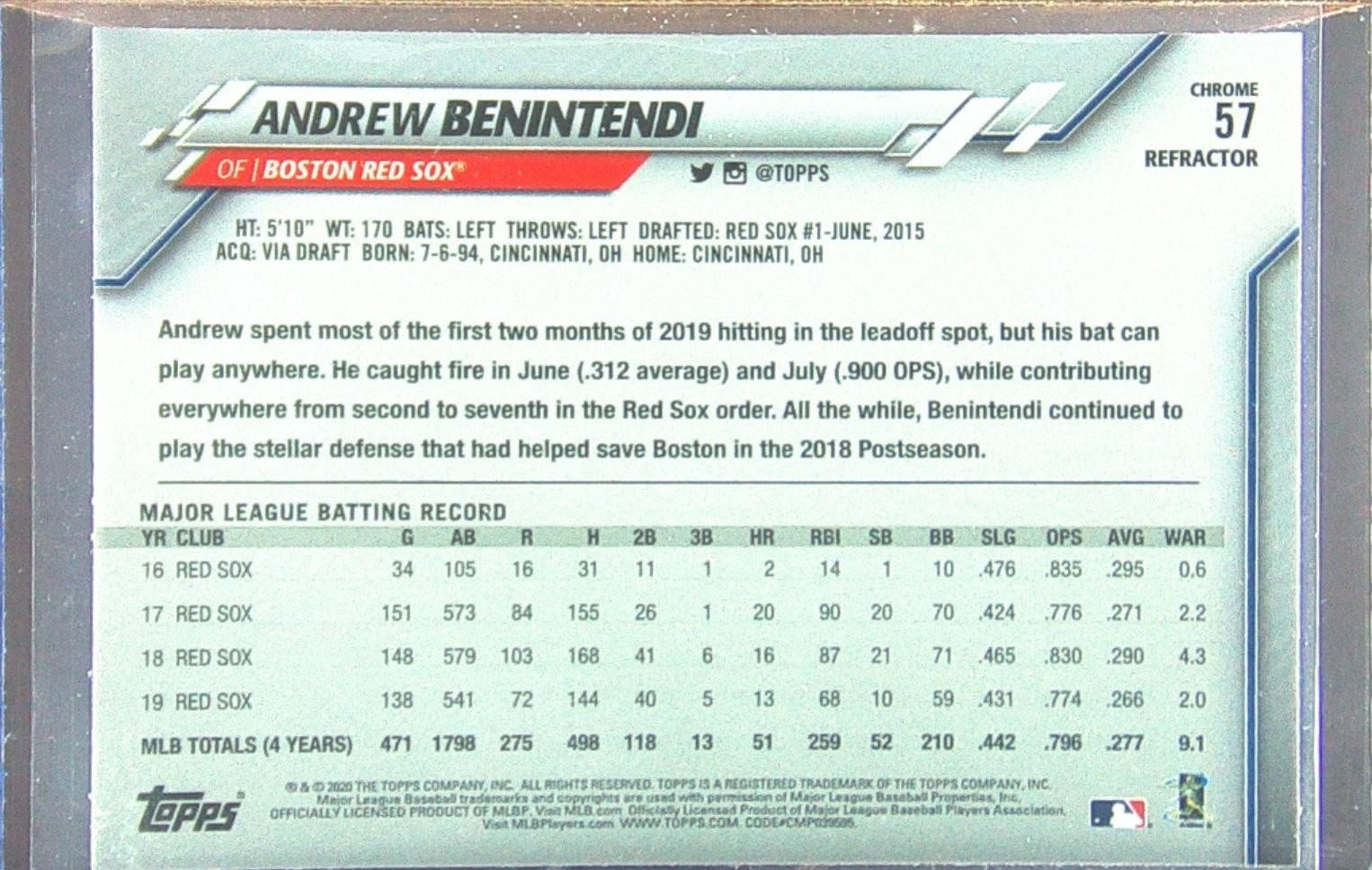 2020 Topps Chrome Andrew Benintendi Pink Refractor #57 Sox - Image 3