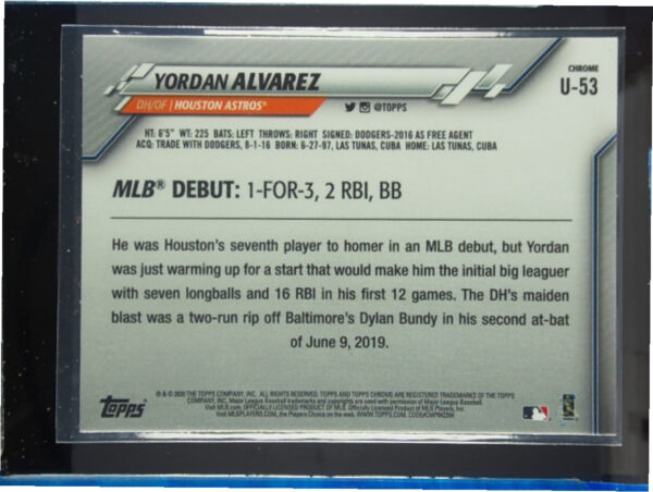 2020 Topps Chrome Update Yordan Alvarez RC #U-53 Astros - Image 3