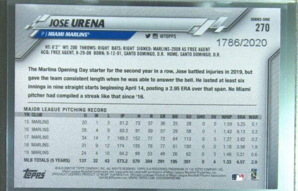 2020 Topps Jose Urena Gold /2020 #270 Marlins - Image 3