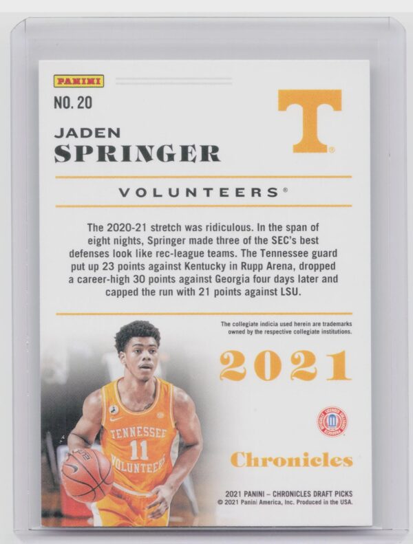2021-22 Panini Chronicles Draft Picks Jaden Springer Rookie #20 Volunteer - Image 3