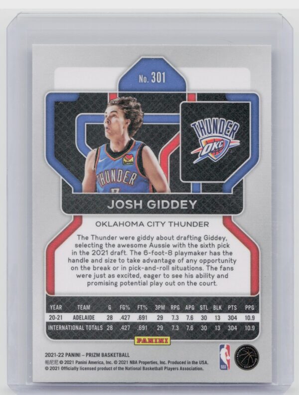 2021-22 Panini Prizm Josh Giddey RC #301 Thunder - Image 3