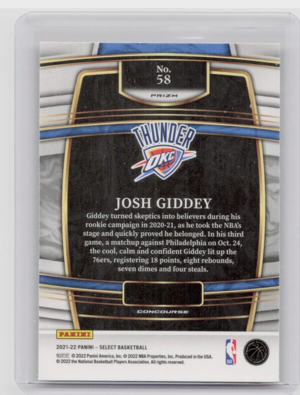 2021-22 Select Josh Giddey Orange Flash Prizm #58 Thunder - Image 3