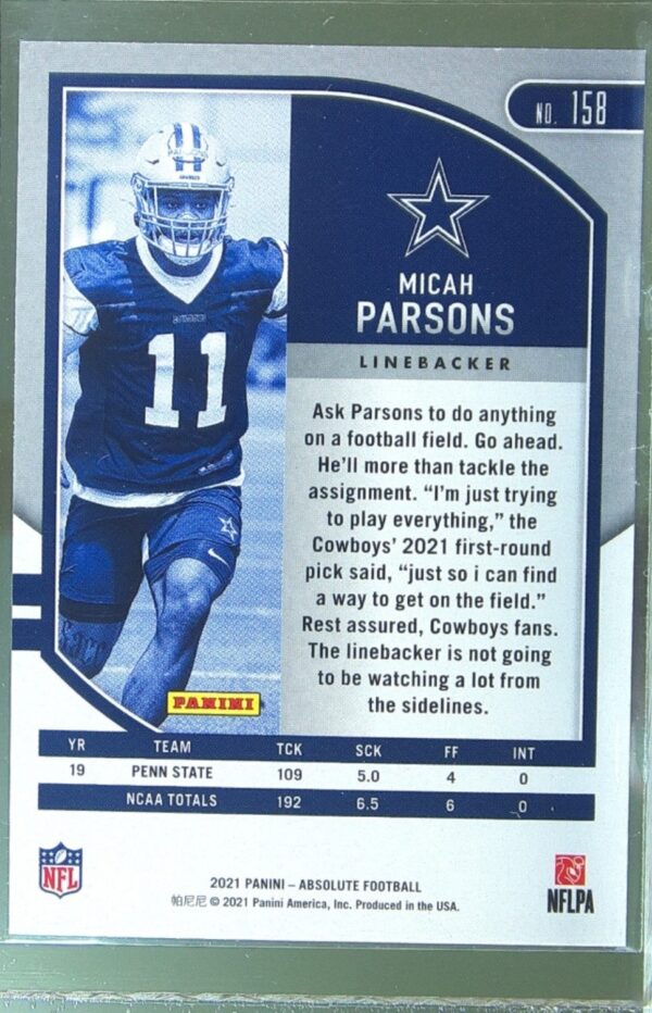 2021 Absolute Micah Parsons Retail RC #158 Cowboys - Image 3