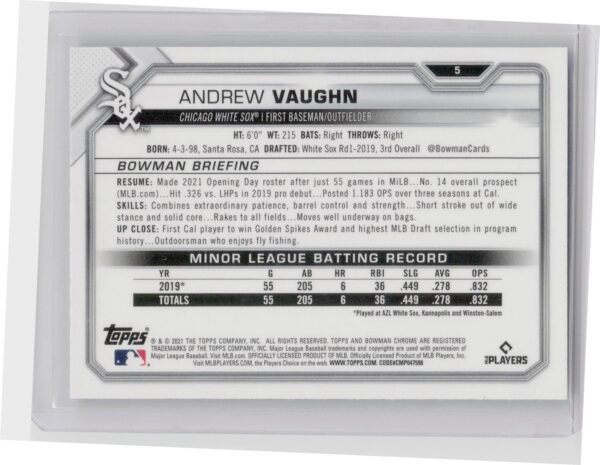 2021 Bowman Chrome Andrew Vaughn RC #5 Sox - Image 3