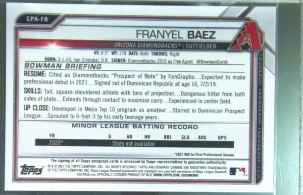 2021 Bowman Chrome Franyel Baez Auto #CPA-FB Diamondbacks Prospect Autographs - Image 3