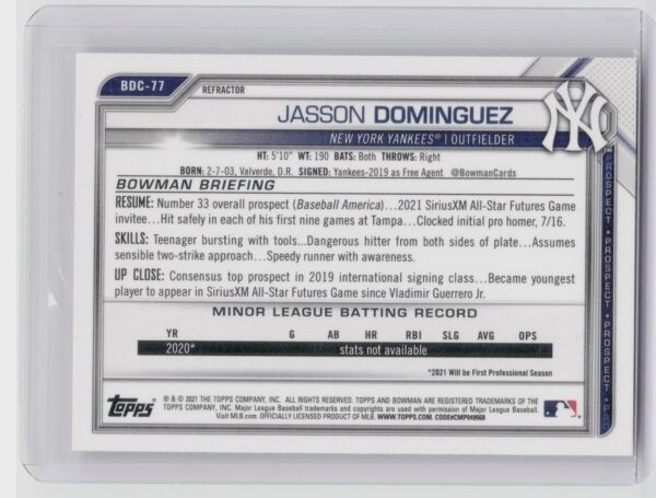 2021 Bowman Draft Jasson Domínguez Refractor #BDC-77 Yankees - Image 3
