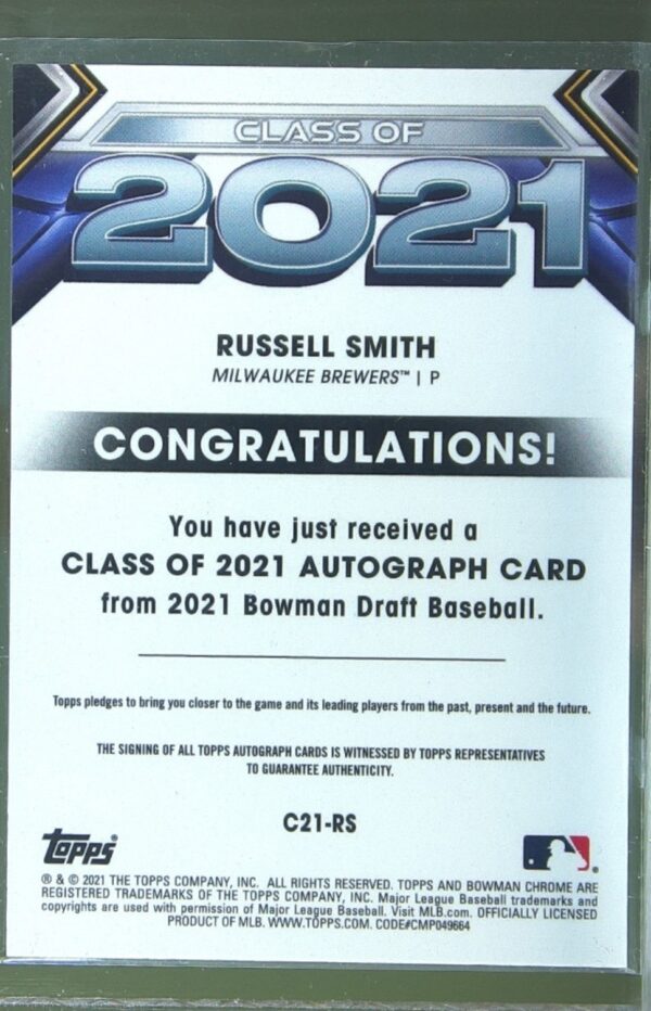 2021 Bowman Draft Russell Smith Auto /250 #C21-RS Brewers Class of 2021 - Image 3