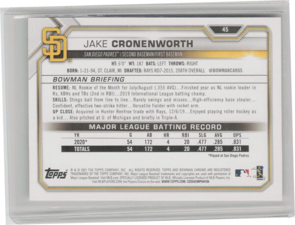 2021 Bowman Jake Cronenworth RC #45 Padres - Image 3