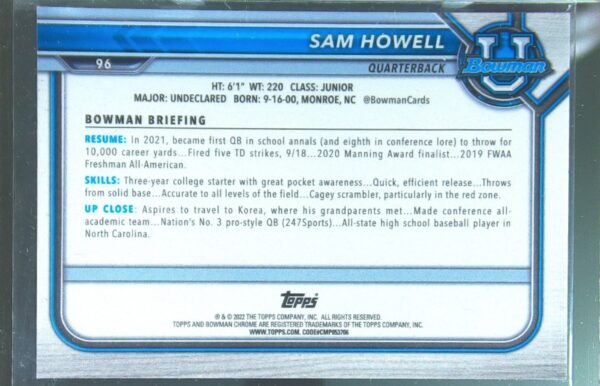 2021 Bowman University Sam Howell Chrome Pink RC #96 Heels - Image 3