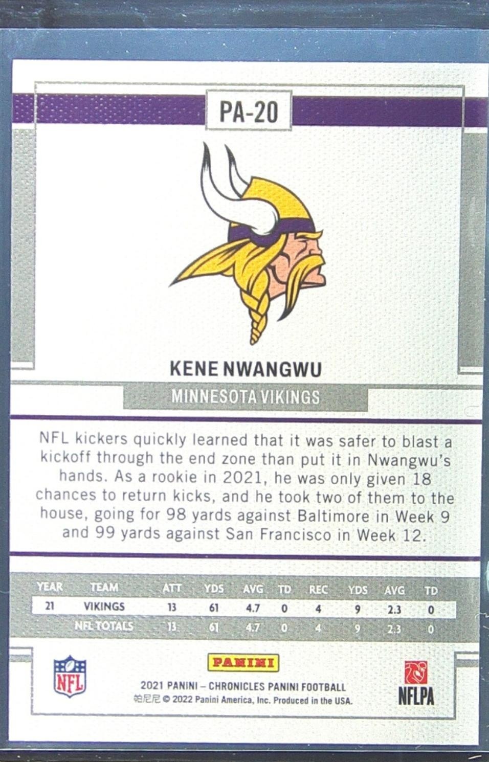 2021 Chronicles Kene Nwangwu #PA-20 Vikings Panini - Image 3
