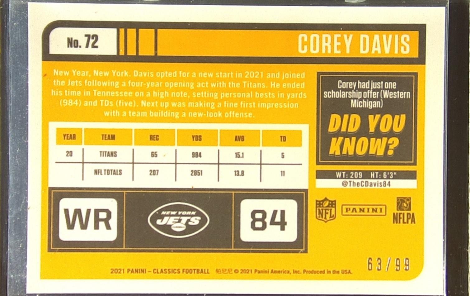 2021 Classics Corey Davis Timeless Tributes Gold /99 #72 Jets - Image 3