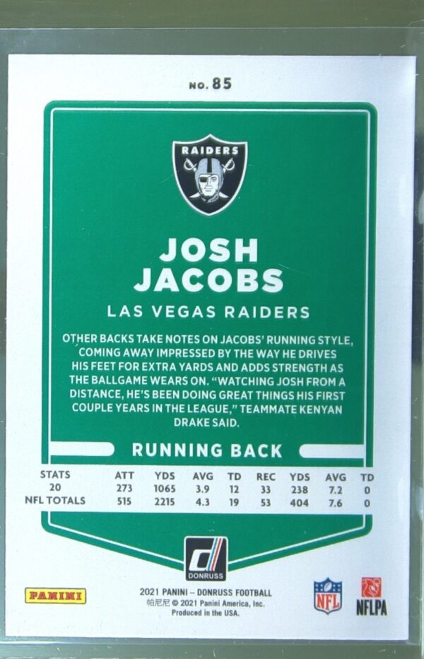 2021 Donruss Josh Jacobs Press Proof Blue #85 Raiders - Image 3