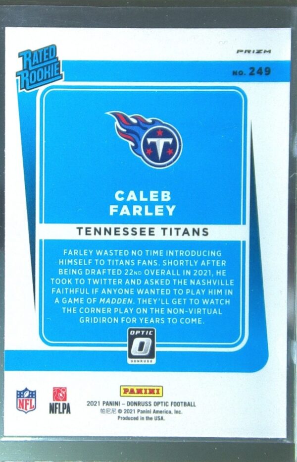 2021 Donruss Optic Caleb Farley Blue Hyper RC #249 Titans - Image 3