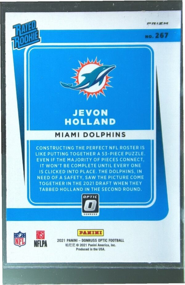 2021 Donruss Optic Jevon Holland Purple Shock RC #267 Dolphins - Image 3