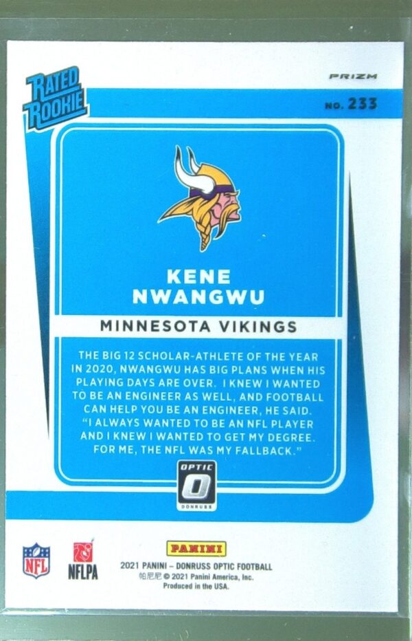 2021 Donruss Optic Kene Nwangwu Purple Shock RC #233 Vikings - Image 3