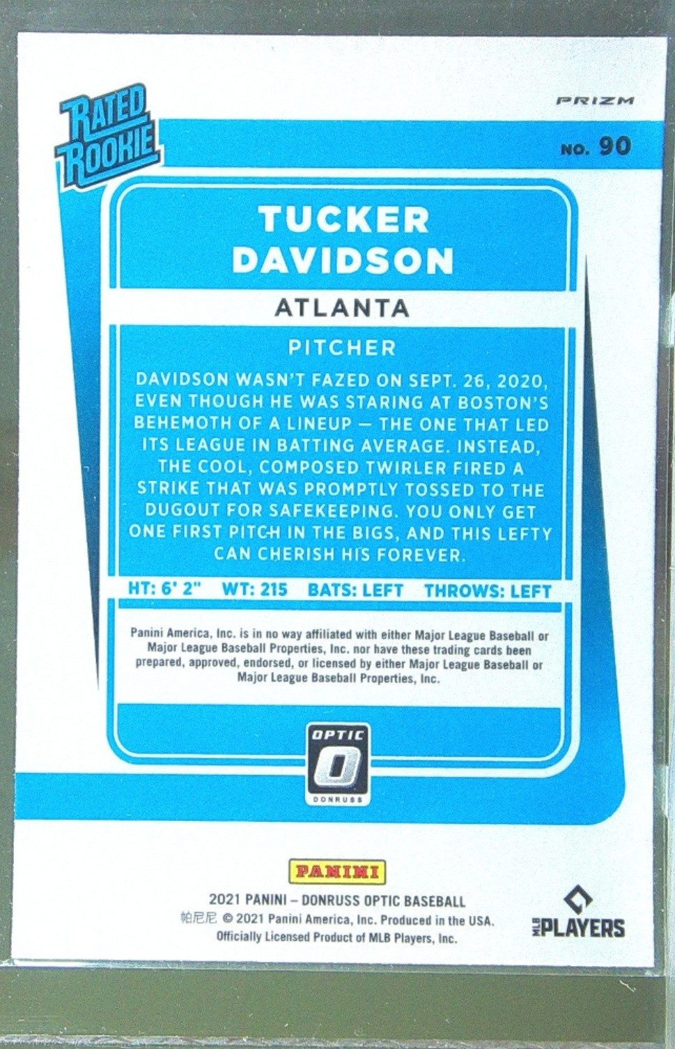2021 Donruss Optic Tucker Davidson Carolina Blue & White RC #90 Braves - Image 3
