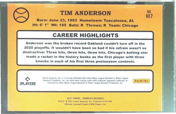 2021 Donruss Tim Anderson #HI7 Sox Highlights Rapture - Image 3