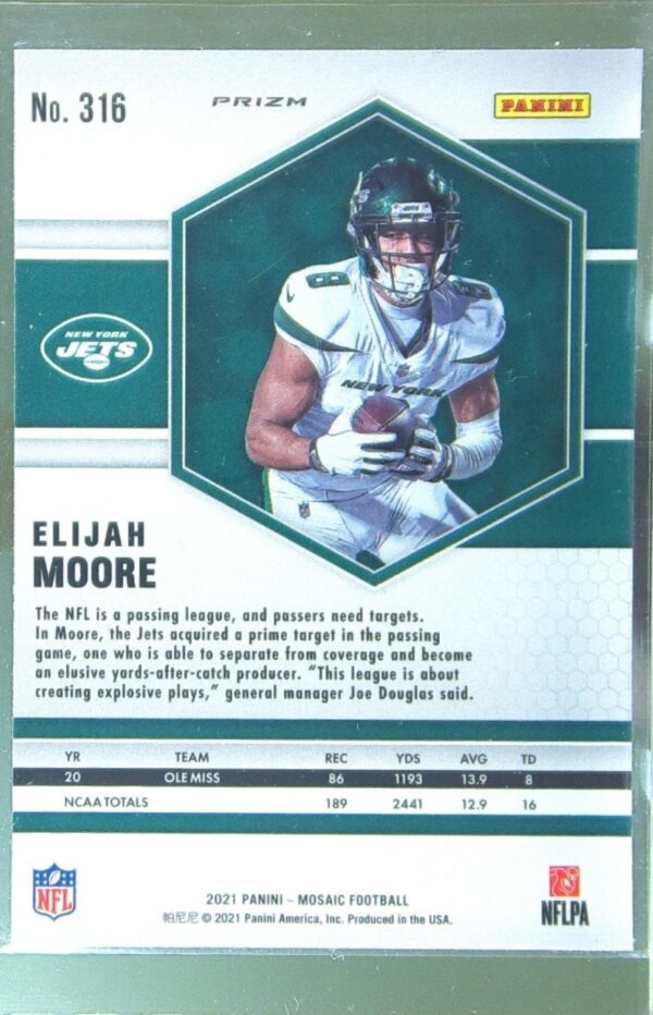 2021 Mosaic Elijah Moore Prizm Camo Pink RC #316 Jets - Image 3