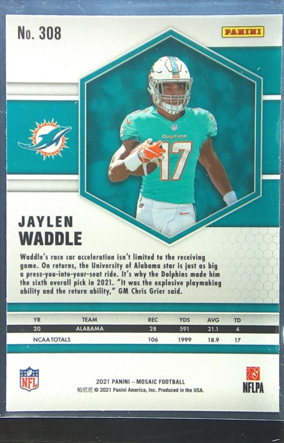 2021 Mosaic Jaylen Waddle RC #308 Dolphins - Image 3