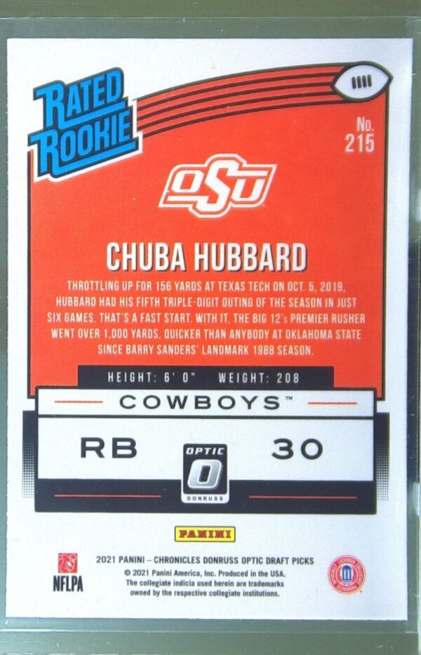 2021 Panini Chronicles Draft Picks Chuba Hubbard RC #215 Cowboys - Image 3