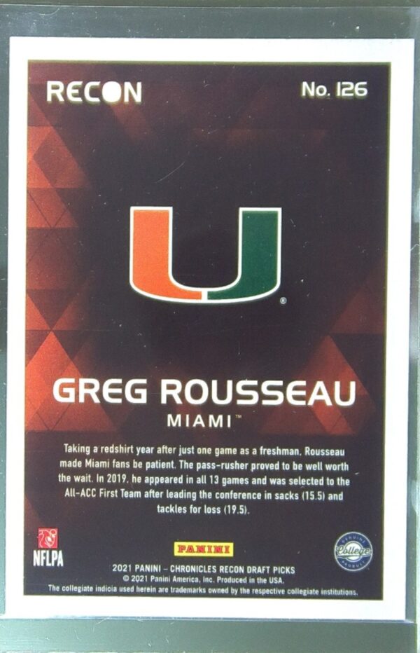 2021 Panini Chronicles Draft Picks Greg Rousseau Orange RC #126 Hurricanes - Image 3