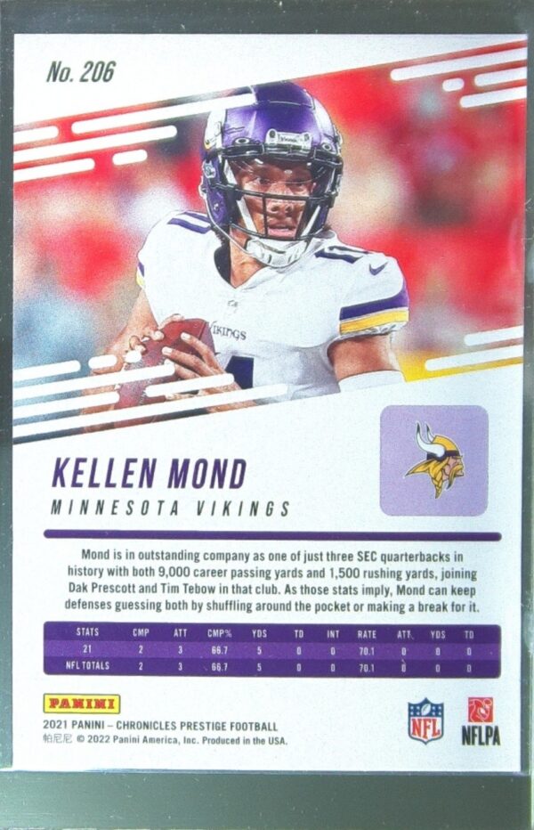 2021 Panini Chronicles Kellen Mond RC #206 Vikings Prestige Rookies Update - Image 3