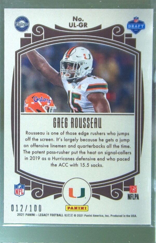 2021 Panini Legacy Greg Rousseau /100 RC #UL-GR Under the Lights Bronze - Image 3
