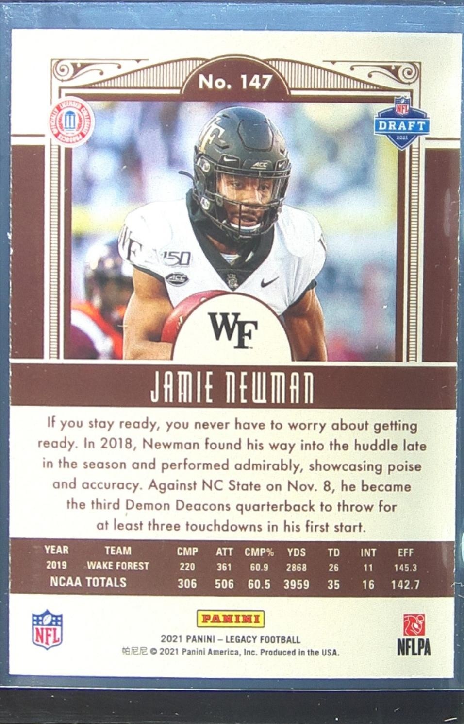 2021 Panini Legacy Jamie Newman RC #147 Deacons - Image 3
