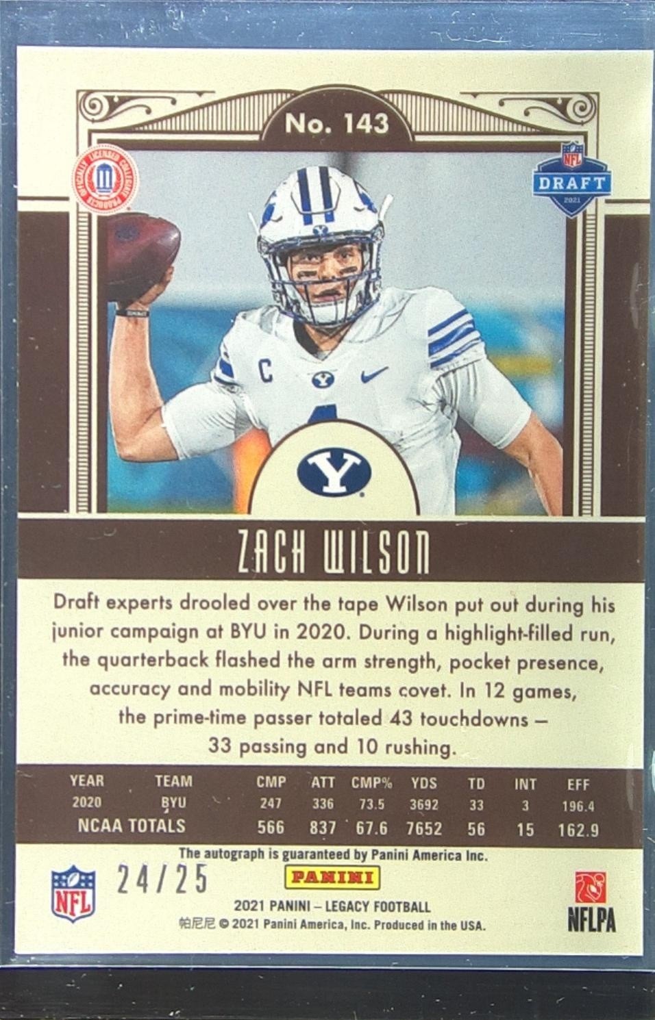 2021 Panini Legacy Zach Wilson Auto /25 RC #143 Cougars Sapphire - Image 3