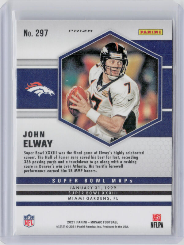 2021 Panini Mosaic John Elway No Huddle Prizm Silver #297 Broncos - Image 3