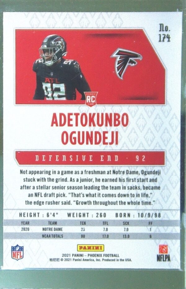 2021 Panini Phoenix Adetokunbo Ogundeji RC #174 Falcons - Image 3