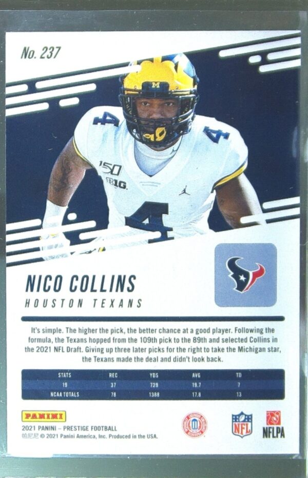 2021 Panini Prestige Nico Collins Xtra Points Premium Red /299 RC #237 Texans - Image 3