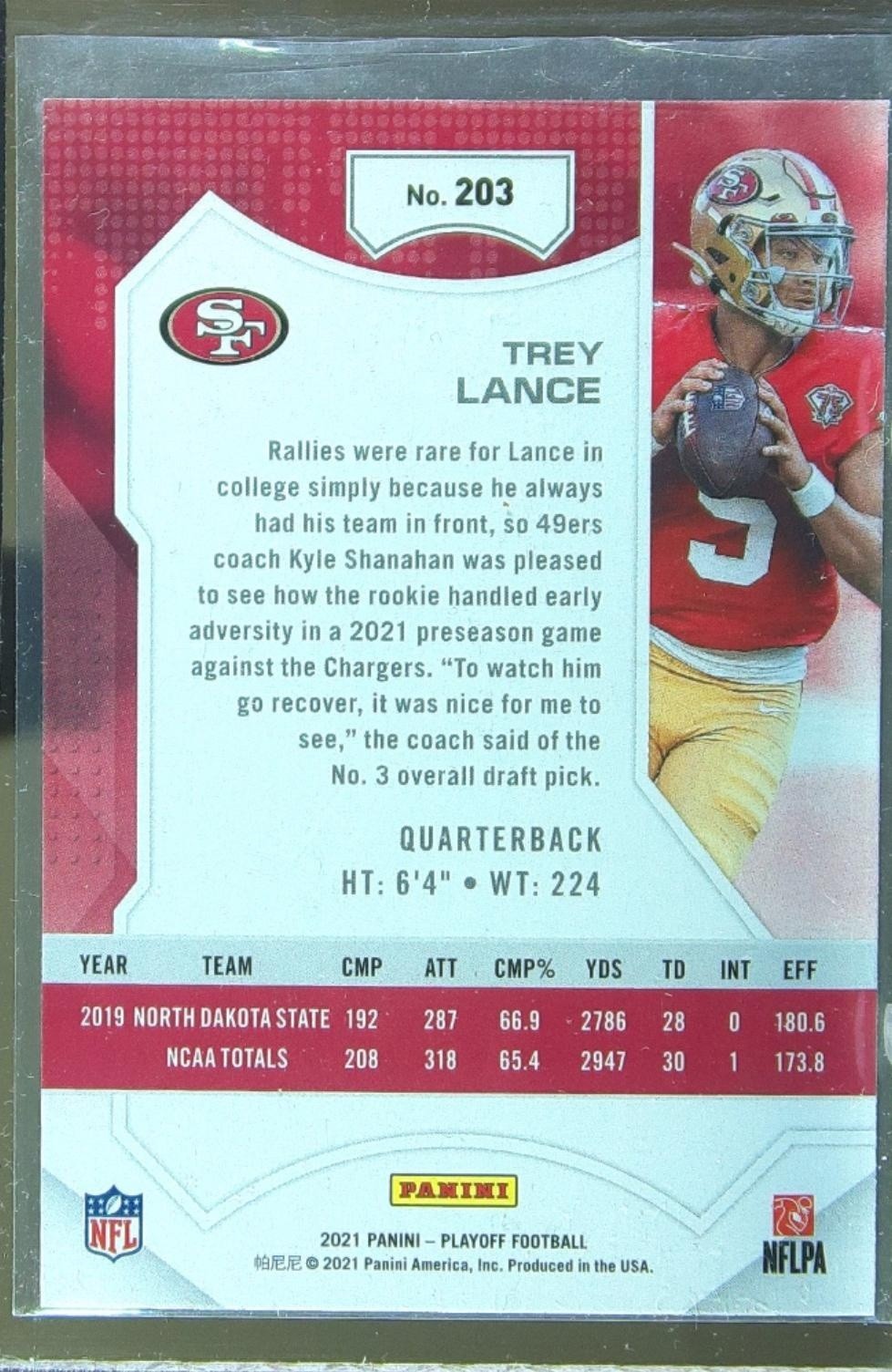 2021 Playoff Trey Lance Kickoff RC #203 49ers - Image 3