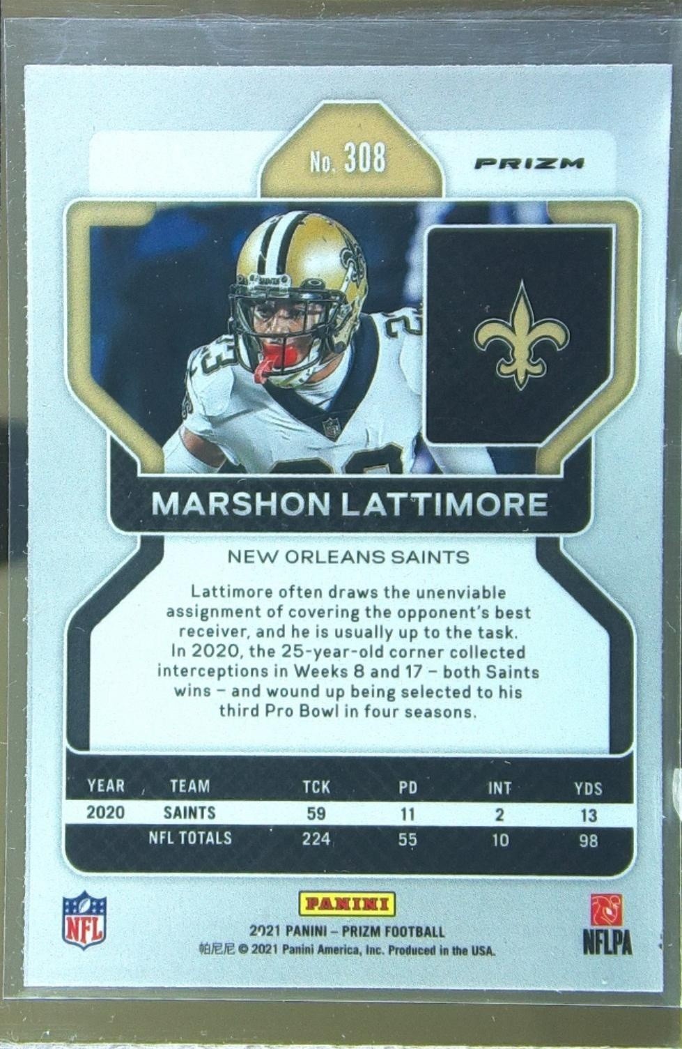 2021 Prizm Marshon Lattimore Silver #308 Saints - Image 3