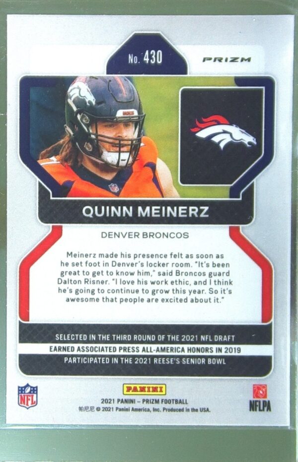 2021 Prizm Quinn Meinerz Pink RC #430 Broncos - Image 3