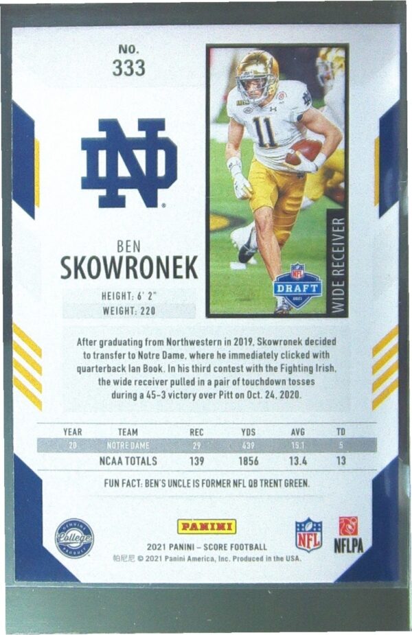 2021 Score Ben Skowronek RC #333 Irish - Image 3
