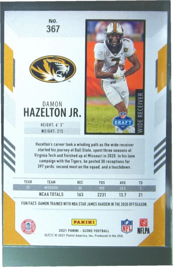 2021 Score Damon Hazelton Jr. RC #367 Tigers - Image 3
