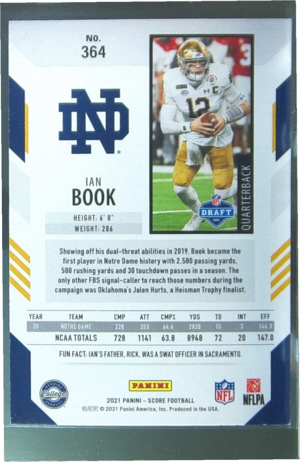 2021 Score Ian Book RC #364 Irish - Image 3