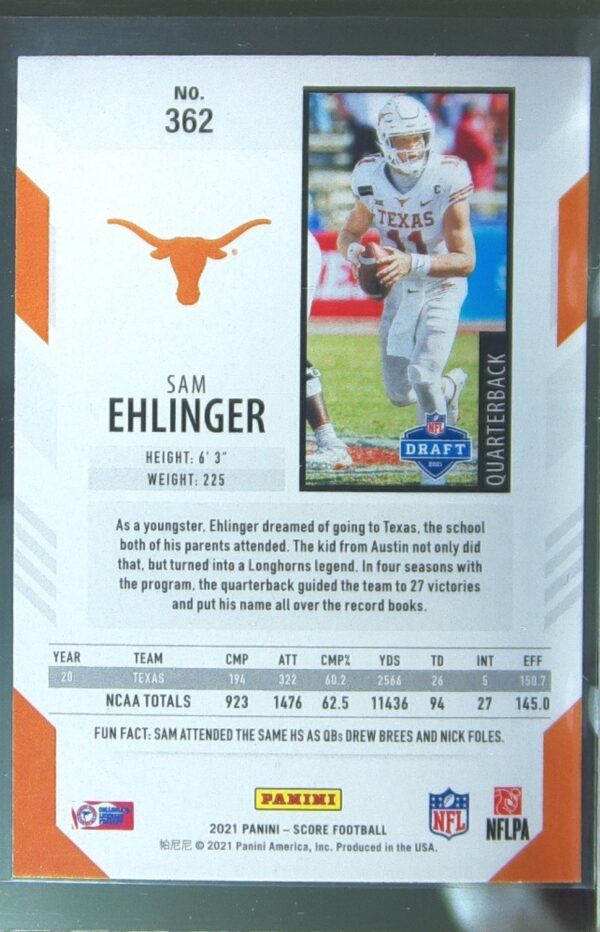 2021 Score Sam Ehlinger RC #362 Longhorns - Image 3