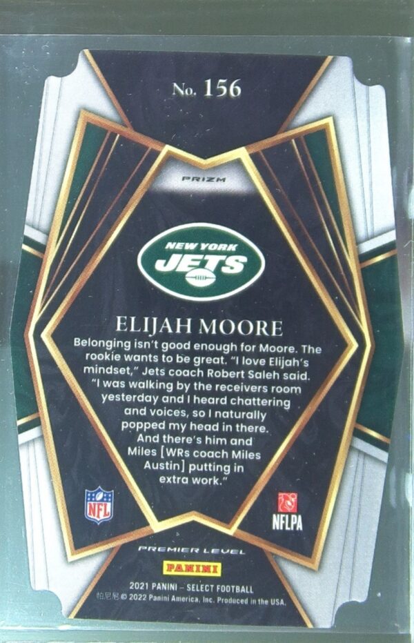 2021 Select Elijah Moore Red and Blue Prizm Die Cut RC #156 Jets - Image 3