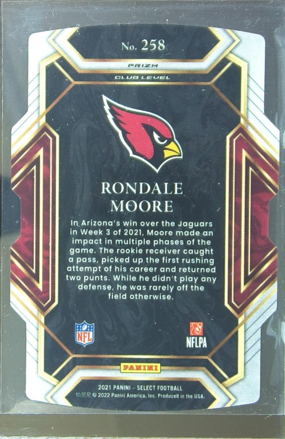2021 Select Rondale Moore Silver Prizm Die Cut RC #258 Cardinals - Image 3