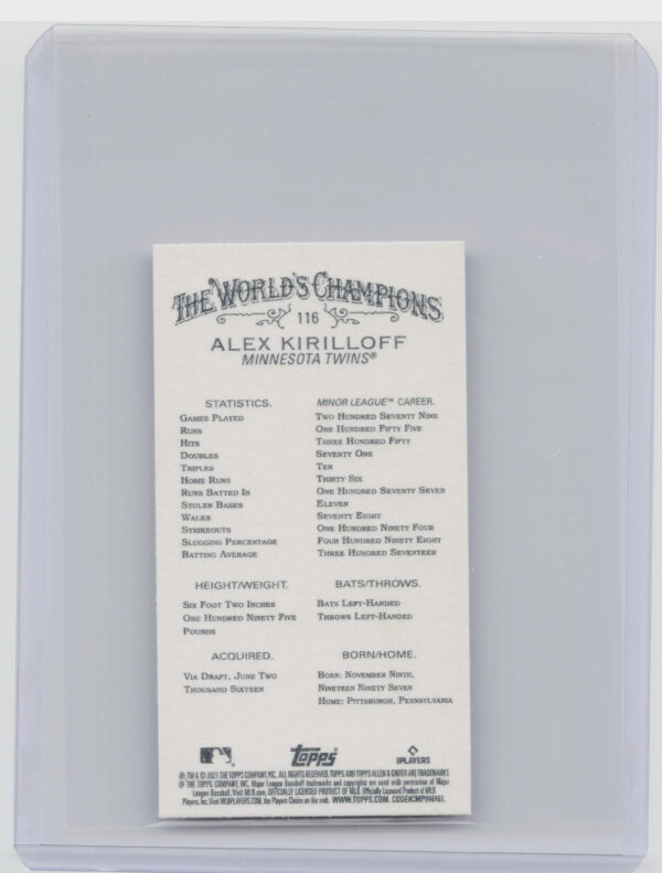 2021 Topps Allen & Ginter Alex Kirilloff Mini Black Border #116 Twins - Image 3